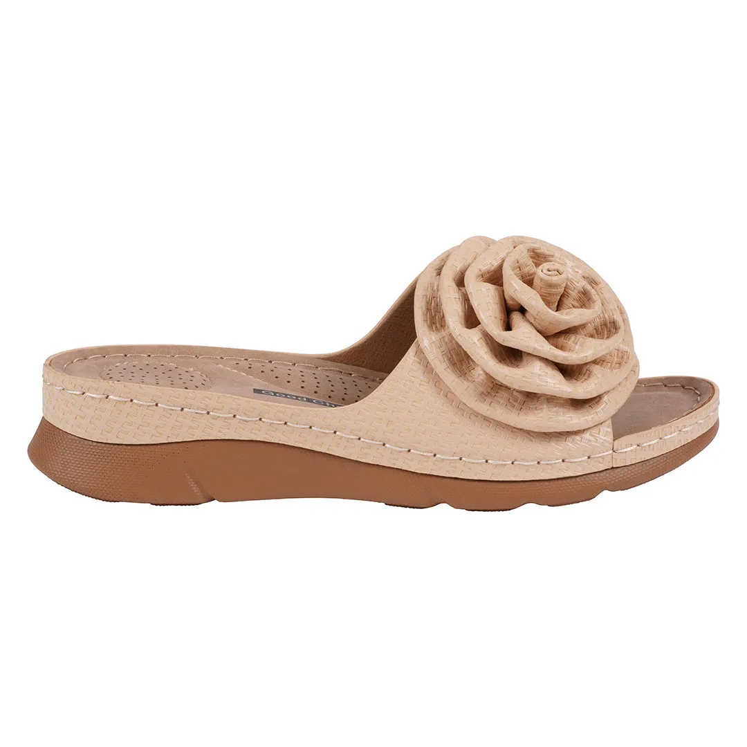 Women's Honey Natural Flower Rosette Flat Comfort Sandals
